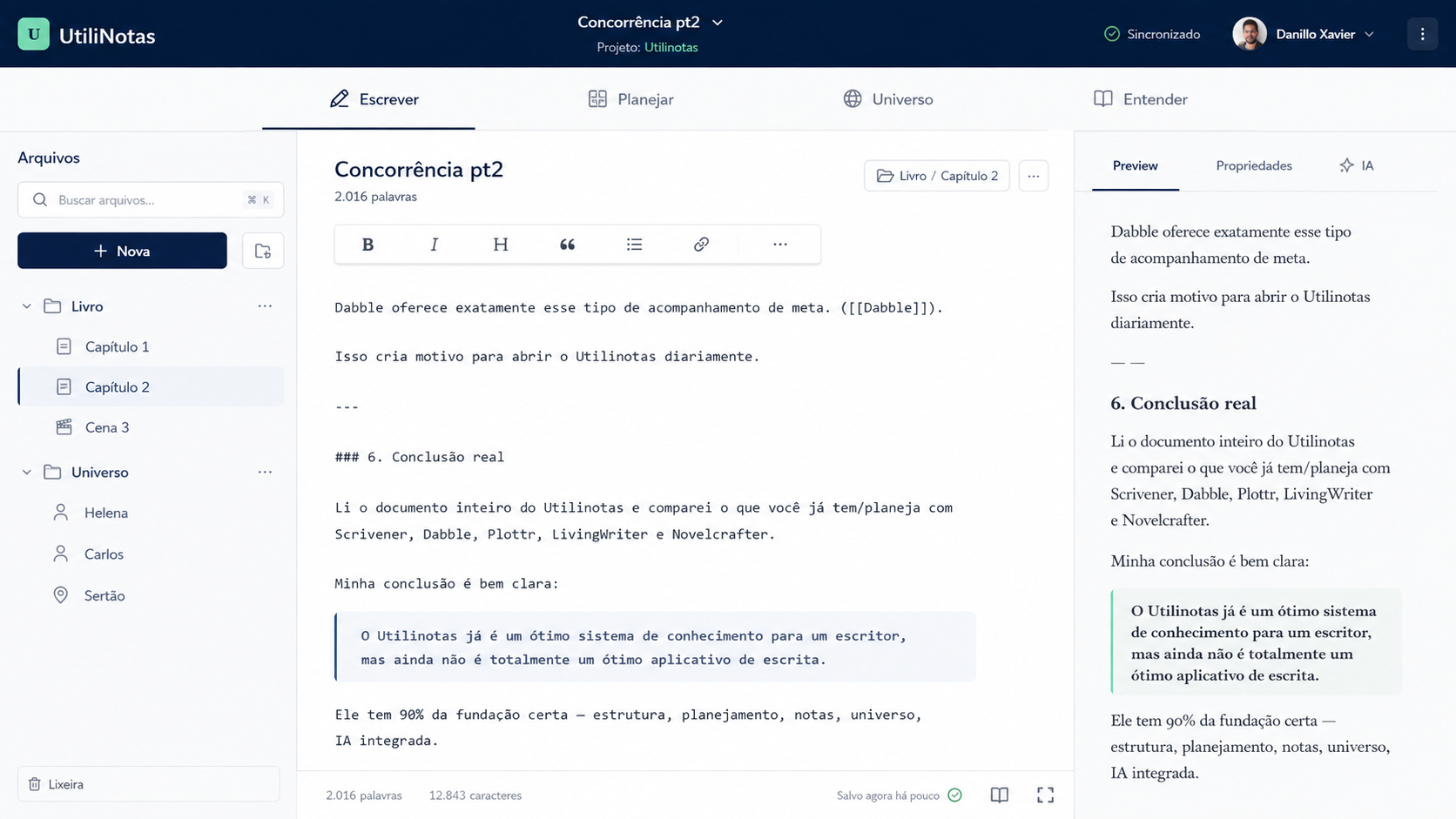Visão do editor do Narra com arquivos, manuscrito e Preview lado a lado