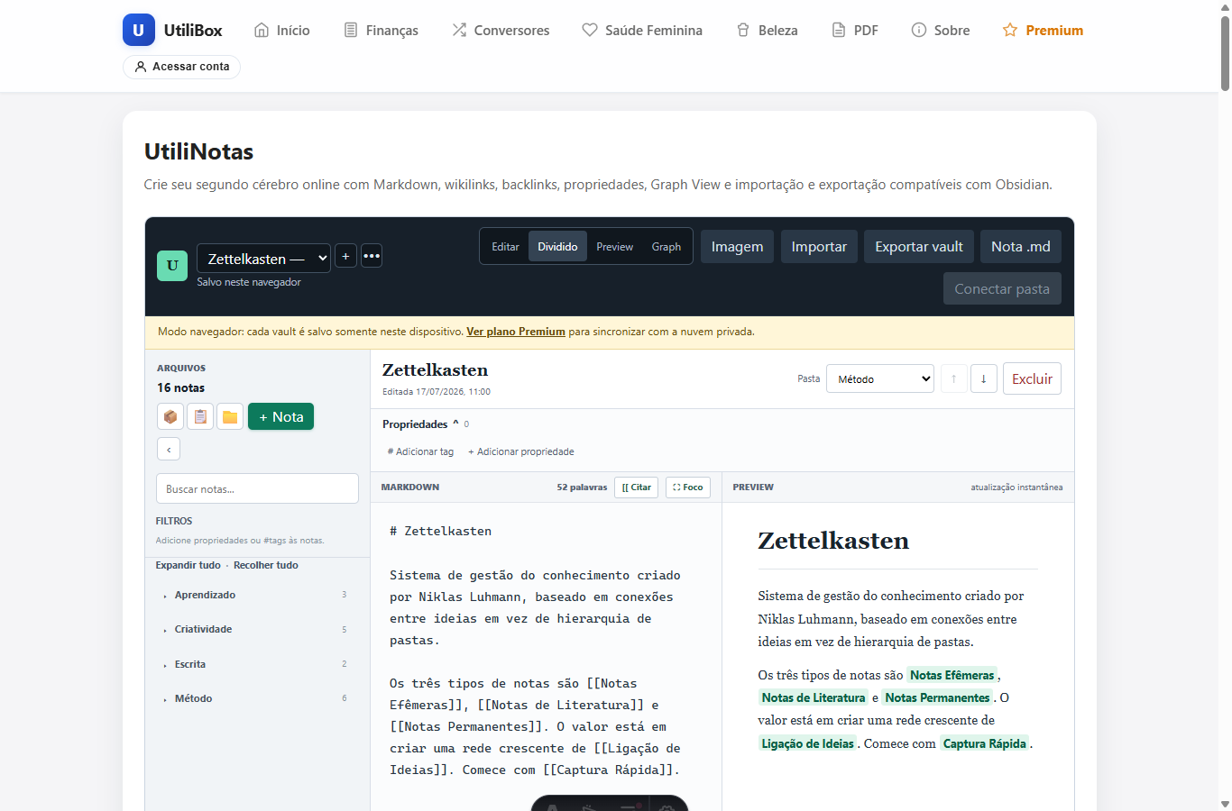 Interface real do UtiliNotas com árvore de notas, editor Markdown e preview